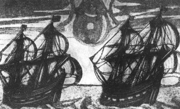 Корабли в Ледовитом океане. Средневековая гравюра.