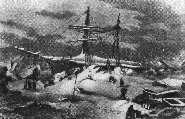 Экспедиция К. Колдевея. 'Ганза' в ледовом плену. Гравюра из книги.