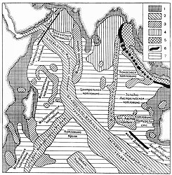 Рельеф дна Индийского океана (по В. Ф. Канаеву, 1979): 1 - подводные окраины материков, 2 - срединноокеанические хребты, 3- океанические хребты и плато, 4 конусы выноса мутьевых потоков, 5 - хребты и депрессии переходной зоны, 6 - глубоководные желоба, 7 - котловины ложа океана