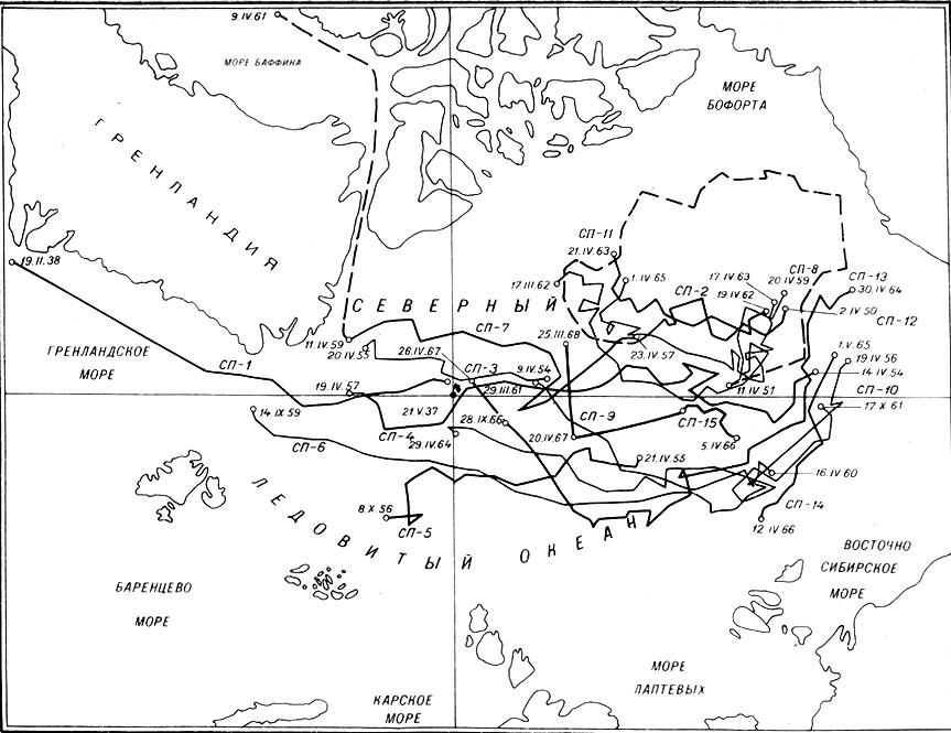 Карта маршрутов дрейфующих станций 'СП-1' -  'СП-15'