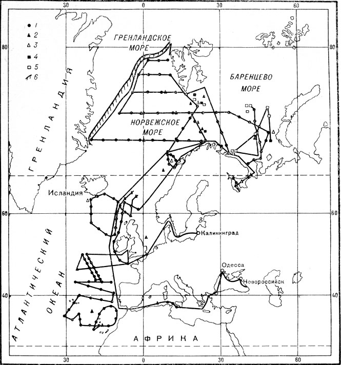 Исследования учебно-научного судна «Батайск» в Атлантическом океане за период 1960 - 1966 годы: 1 - океанографические станции, 2- многосуточные наблюдения над течением, 3 - суточные наблюдения над уровнем, 4 - многосуточные наблюдения над уровнем, 5 - суточные наблюдения над уровнем, 6 - кромка льда